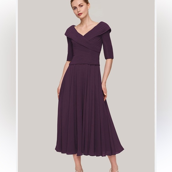 Stacees Formal Evening V Neck Midi Dress Womens Mother of The Bride - Picture 1 of 11